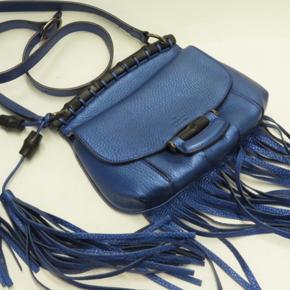 Gucci Nouveau Fringe Bag Blue Metallic Leather - Picture 7 of 8